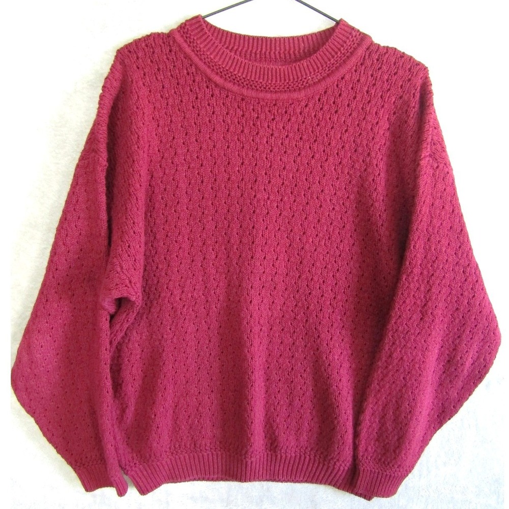 STUDIO‎ Burgundy Red Knit Eyelet Sweater Size L Ramie Cotton Casual